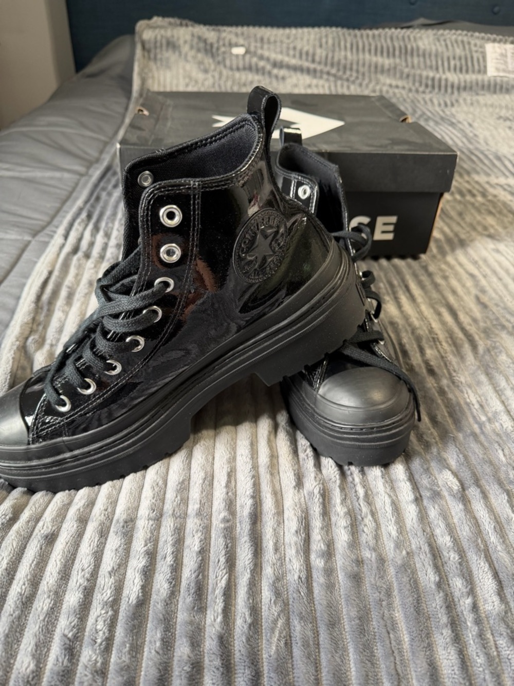 Converse Black Patent Platform High Top Sneakers Combat Boots - Picture 2 of 6